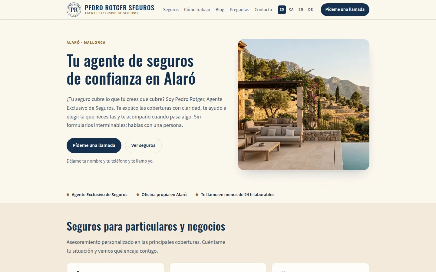 Portada de la web de Pedro Rotger Seguros